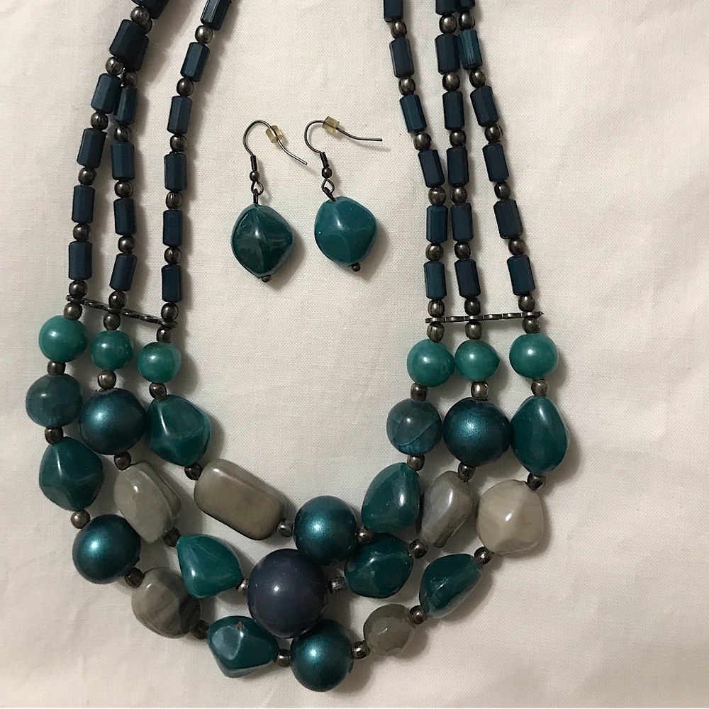 LAST PRICE DROP 3 Strand Chunky Teal Necklace and Earrings Set